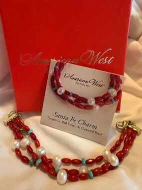 American West Carolyn Pollack Red Coral Turquoise and Pearl 3 Strand Bracelet SM
